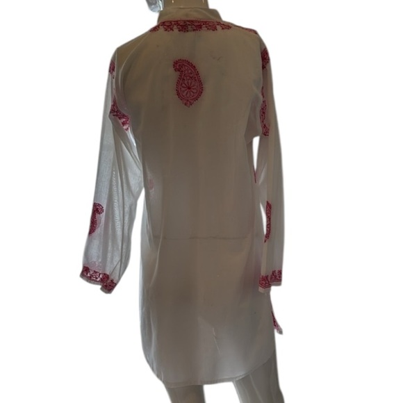 Indika White Sheer Cotton Tunic with Pink Paisley & Floral Embroidery Size Small - Picture 10 of 12